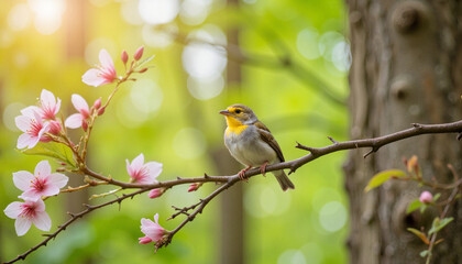 Fototapeta premium Bird perched on branch surrounded by blooming flowers