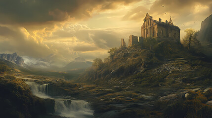 Obraz premium Apocalyptic landscape: the ruins of a once thriving city overrun by nature, crumbling buildings, and eerie skies captured in a conceptual photography style. Time-Torn Landscapes. Illustration