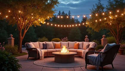 Outdoor patio with string lights creating warm inviting ambience. Soft blankets, pillows adorn comfortable seating around fire pit. Evening gathering atmosphere for relaxation, chill in rustic home
