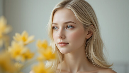 Fototapeta premium Young woman portrait, blonde hair, natural makeup, soft lighting, thoughtful expression, yellow flowers in background, dreamy atmosphere, shallow depth of field, delicate features, high-key photograph