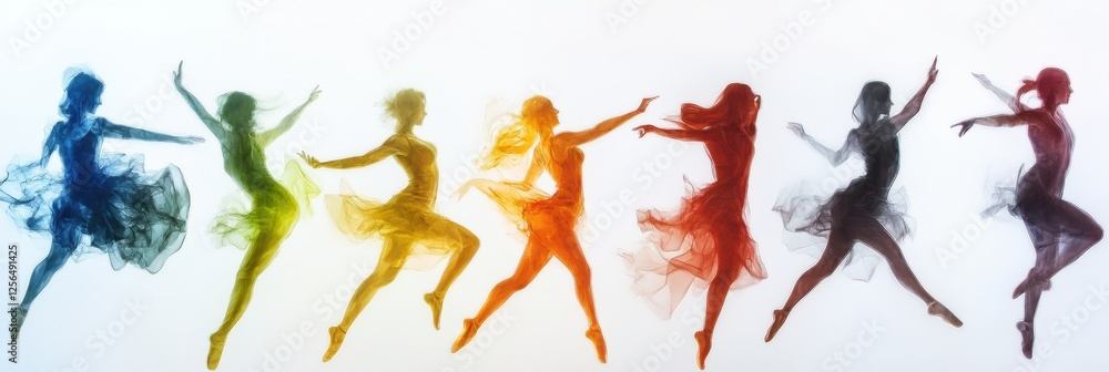 Poster silhouettes of dancers in vibrant colors performing dynamic moves on a clean white background inviti