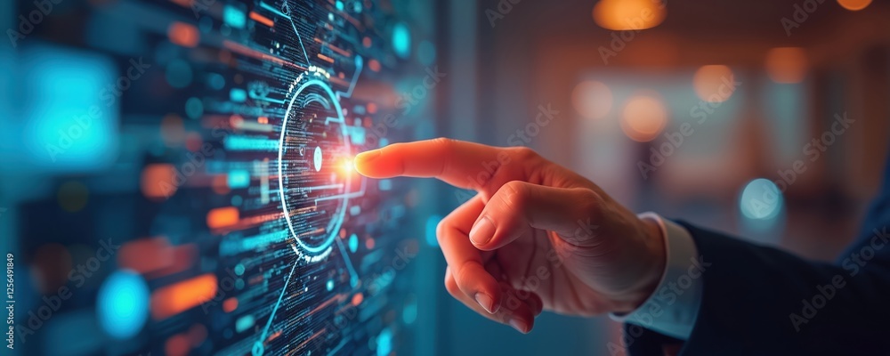 Poster finger touch on digital interface with vibrant colors, abstract pattern. businessman touches datum o