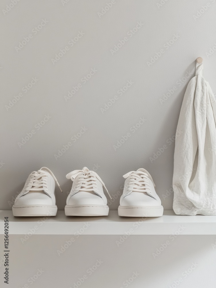 Poster stylish sneakers displayed on a minimalist shelf in a bright space with ample room for customization