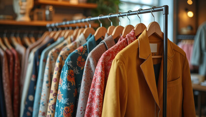 Collection of vintage ethical fashion items displayed in boutique focusing on sustainable, timeless designs. Wooden hangers with retro apparel. Showcase refined collection. Capsule wardrobe concept.