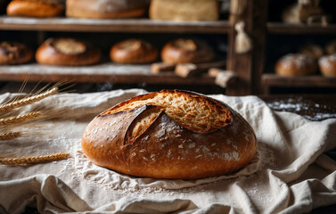 Warmes Holzofenbrot auf einem Leinentuch