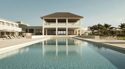 Fototapeta premium Tropical resort poolside relaxation, ocean view