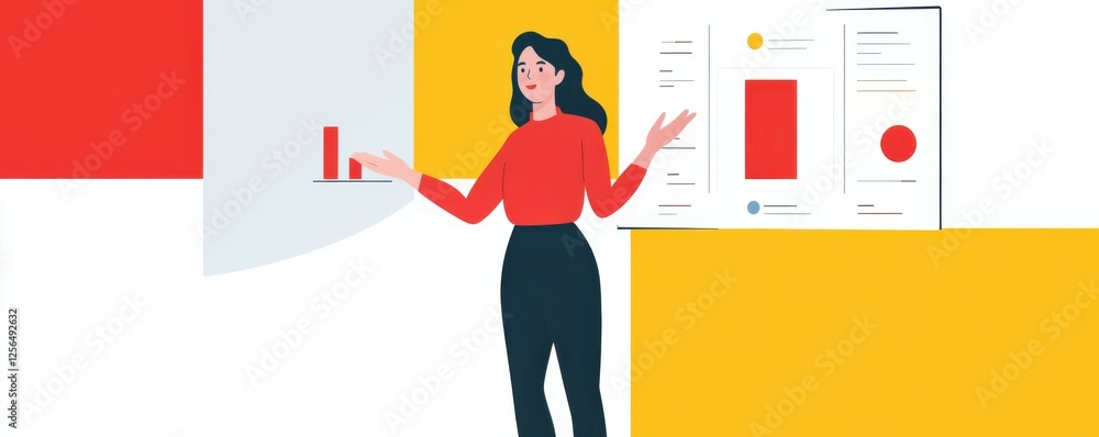 Poster female analyst presenting data visualization with charts and graphs