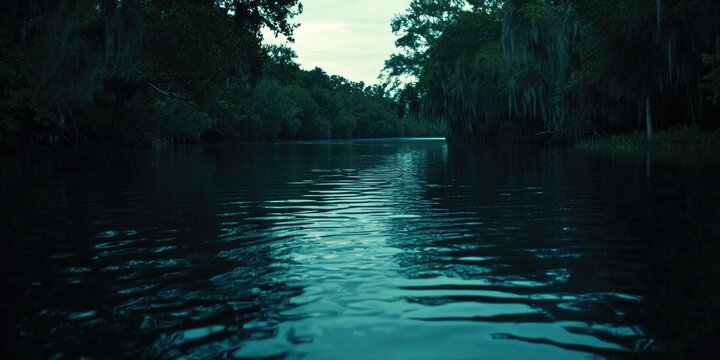 Nighttime image of a calm river through a lush, tropical swamp with a foggy, moonlit atmosphere.