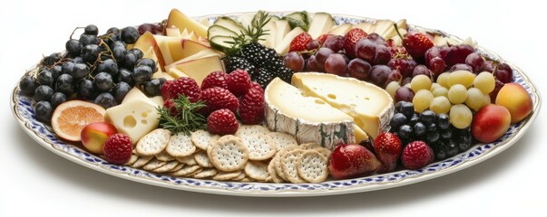 Assorted cheese and fruit platter with crackers: grapes, berries, citrus, and gourmet cheese arrangement