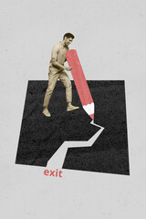 Trend composite sketch template photo collage of young man stand student hand hold big size pencil...