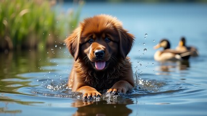A Newfoundland puppy splashes in a crystal-clear lake, its chocolate fur soaked. Sunlight sparkles on water droplets as ducks paddle nearby, capturing a playful and lively moment.