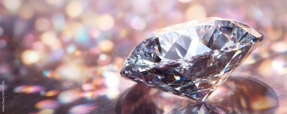 Poster sparkling diamond on reflective surface with colorful bokeh background