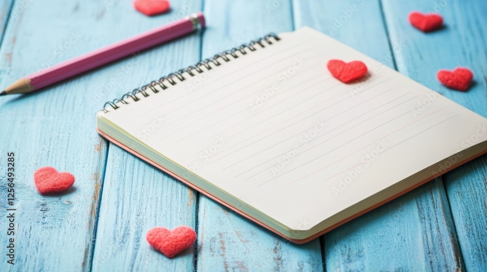Poster open notebook with pencil on bright wooden desk surrounded by hearts, perfect for writing notes or j