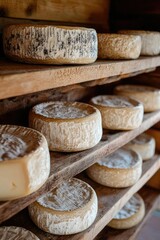 Boutique cheese shop showcasing a variety of artisanal cheeses on wooden shelves for sale.