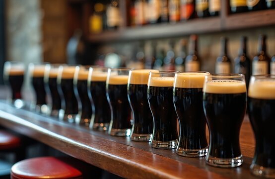 Rows of dark stout beers with creamy foam heads on wooden bar in pub. Irish brewery tradition with stout drink. Alcohol beverage in glasses. National symbol. Soft focus blurred background.