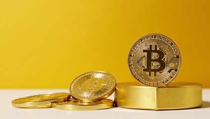 Gold backdrop featuring crypto coin icons