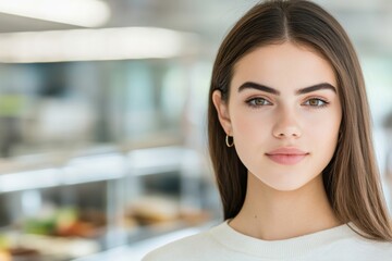 Fototapeta premium Young hispanic female with long brown hair in modern indoor setting