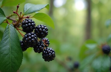Black ripe elderberries close-up on branch. Dark elderberry bush with fruits in forest. Natural, herbal, organic, wild, fresh, juicy berry bunch. Autumn harvest ingredient for flu medicine, juice,