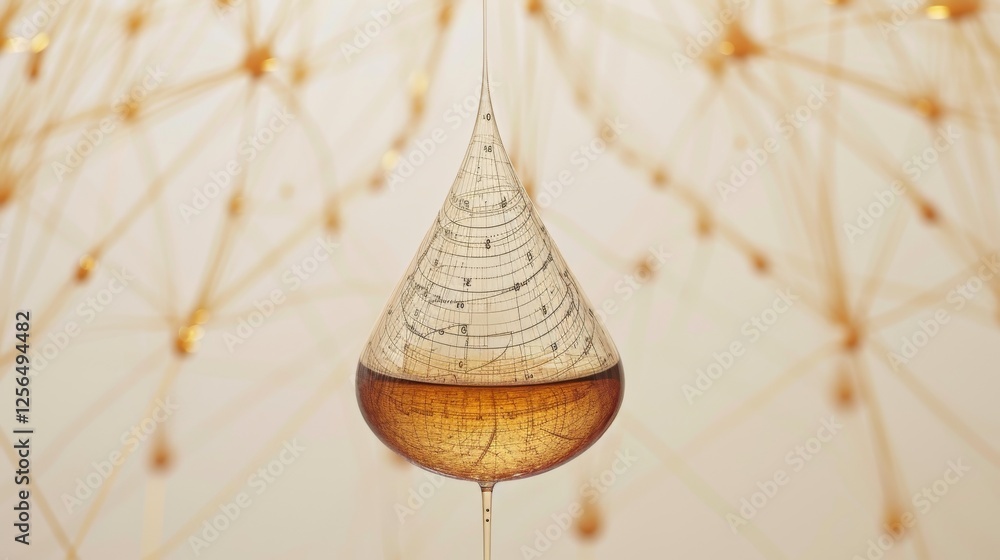 Poster a detailed liquid droplet featuring intricate linework and cartographic patterns, set against a soft