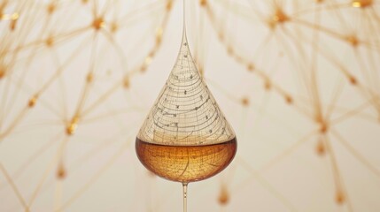 A detailed liquid droplet featuring intricate linework and cartographic patterns, set against a soft beige network of golden nodes. Ideal for conceptual or abstract projects. AI generated.