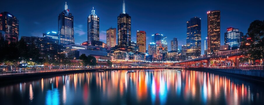 Vibrant night cityscape of melbourne skyline reflecting in yarra river