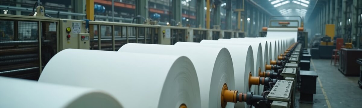 Paper mill with giant paper rolls, mass production. Industrial machines process cellulose into paperboard. Automated factory line for continuous paper manufacture, distribution, logistic, package.
