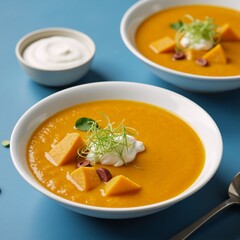 Vegan pumpkin soup with coconut cream green pea sprouts  seeds winter vegan slow food in a blue-toned table setting top view
