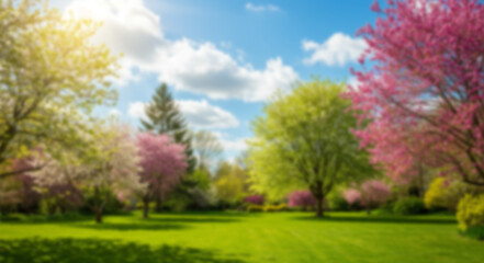 Beautiful blurred background image of spring nature with a neatly trimmed lawn surrounded by trees against a blue sky with clouds on a bright sunny day.
