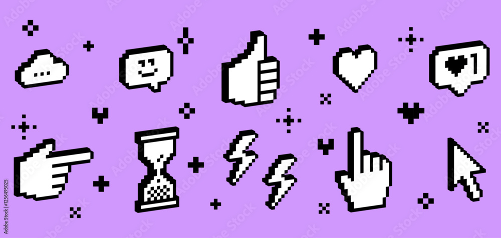 Poster 3d pixel art tech design elements. thumbs up, hourglass, pointer icon. mood of 90's. 8 bit retro sty