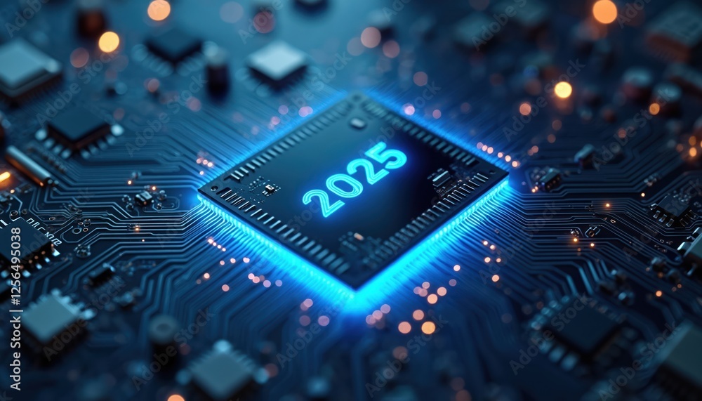 Aufkleber Intricate blue circuit board pattern featuring glowing 2025 chipset. Innovation in microchip tech, future of digital hardware engineering. Advanced semiconductor technology. Modern solution for