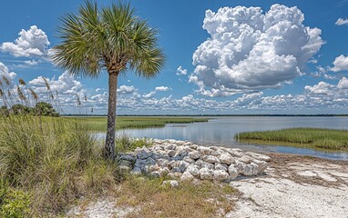 Scenic coastal landscape with palm tree, rocks, and cloudy sky.