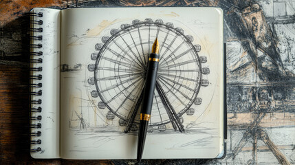 Fototapeta premium The Ferris wheel is drawn with a pen. The hand draws a Ferris wheel in a school notebook