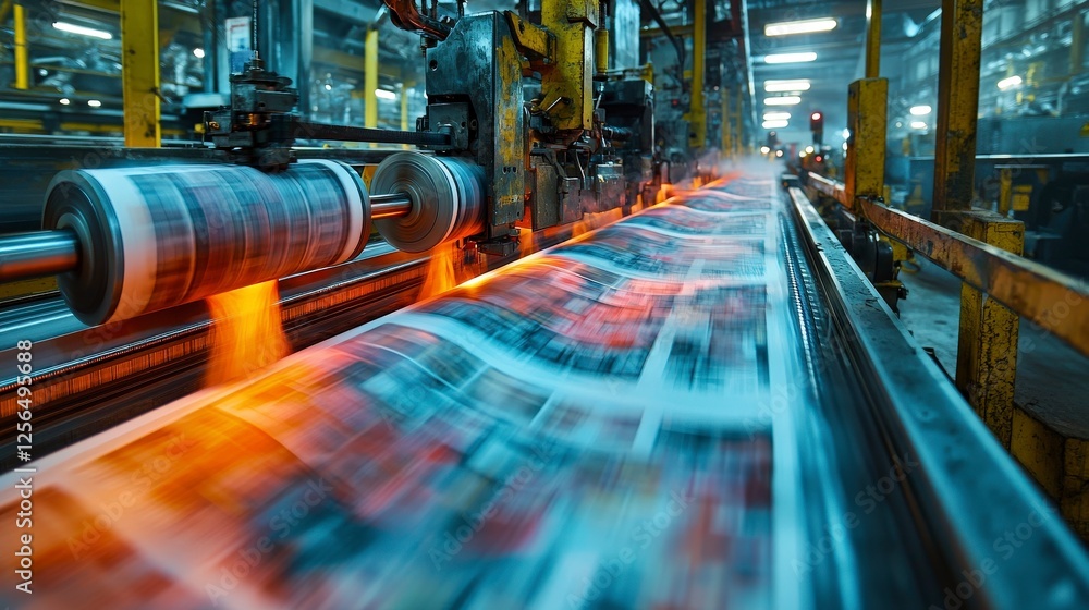 Poster this image captures the dynamic and fast-paced environment of a newspaper printing factory, showcasi