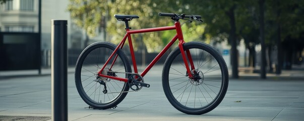 Fototapeta premium Sleek red urban bicycle with thick tires parked in city environment