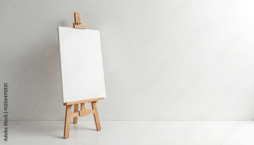 Poster blank canvas stands on wooden easel against clean white background. perfect for art workshops, class