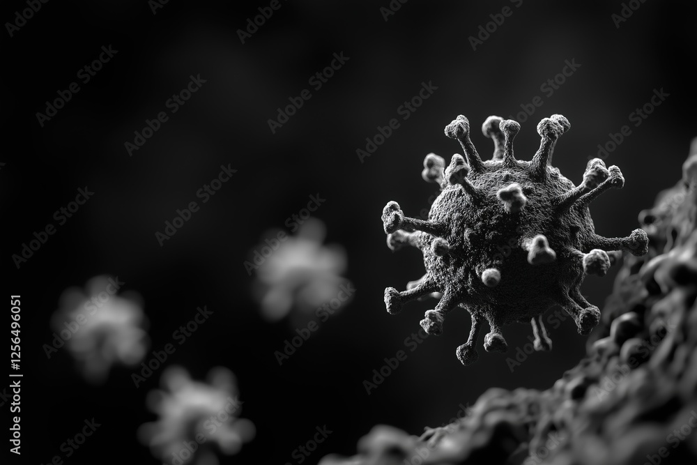 Poster monochrome, 3d rendered illustration of a virus particle with a spiky surface, emphasizing microscop