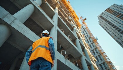 Low angle shot of engineer in hard hat, safety vest inspects reinforced concrete columns at construction site. Structural inspection, quality assurance, meticulous engineering on high rise project.