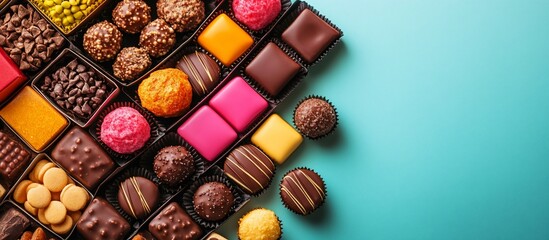 Colorful assortment of gourmet chocolates and sweets arranged on a teal background