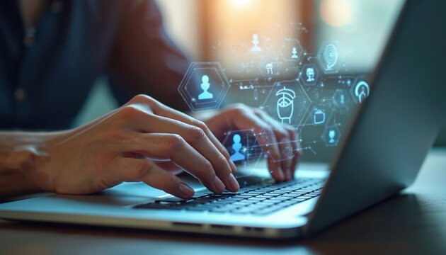 Hands type on laptop keyboard with HR digital online recruitment and headhunting icons around. Team building, candidate scouting to find right employee. Man works at computer. Job search site.