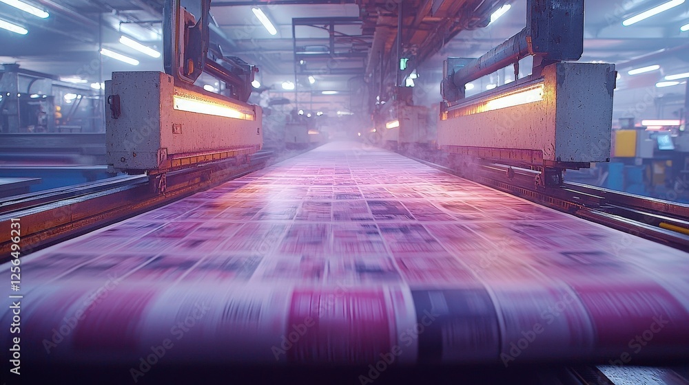 Poster this image illustrates the dynamic flow of vibrant printed materials within a large printing facilit