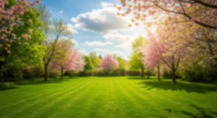 Fototapeta premium Beautiful blurred background image of spring nature with a neatly trimmed lawn surrounded by trees against a blue sky with clouds on a bright sunny day. 