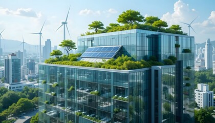 Obraz premium Sustainable urban architecture green roofs wind turbines modern office building cityscape aerial view