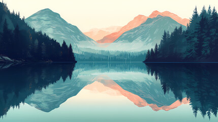 Fototapeta premium Quiet water serene a glassy lake surface reflecting the surrounding mountains and forests, creating a mirror like effect. Whispering Mirrors. Illustration