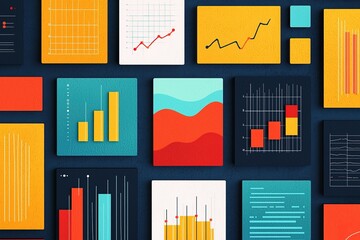A vibrant collage of colorful charts and graphs, showcasing data visualization in various styles and designs.