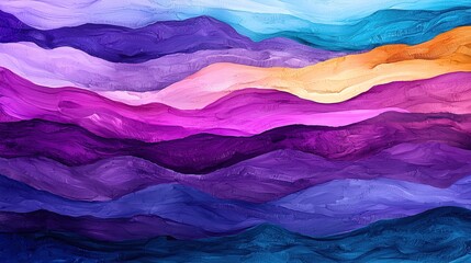 A vibrant, abstract painting featuring layered waves of purple, blue, and orange hues, evoking a sense of tranquility and depth.