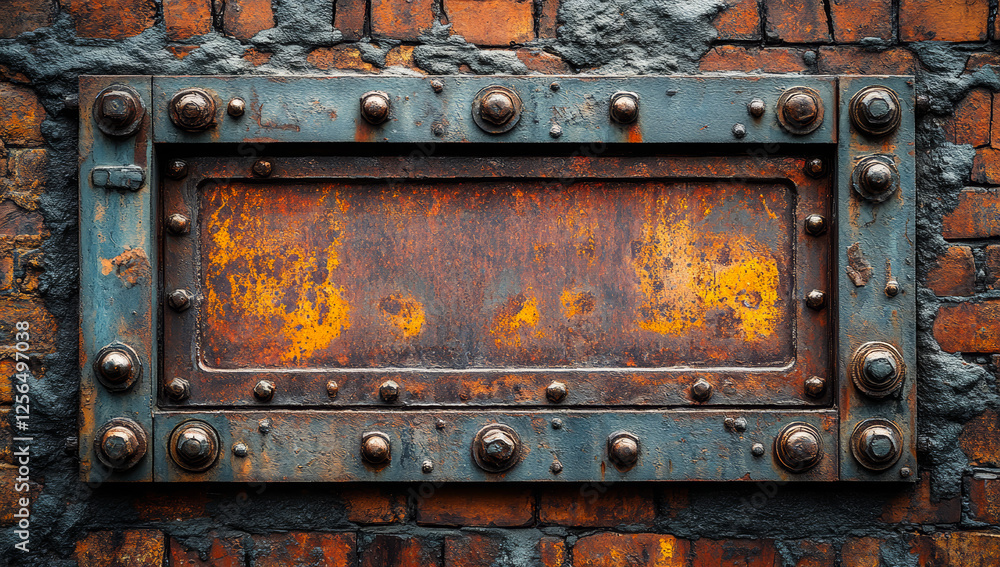 Poster a rusty metal frame with a large hole in the middle. the frame is old and worn, with many holes and 