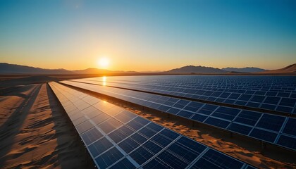 Sunrise over solar panel fields desert landscape nature photography renewable energy concept