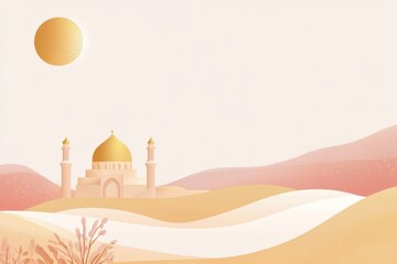Eid Mubarak Greeting Card Design Featuring a Beautiful Mosque Under a Golden Sun with Soft Beige Landscape and Decorative Elements Perfect for Ramadan Kareem Background and Wallpaper