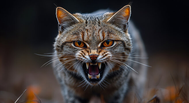 A cat with its mouth open and teeth bared, looking angry. The cat is standing on a grassy area