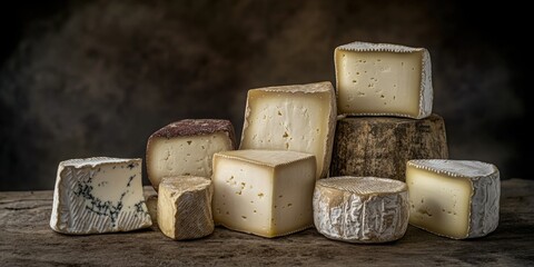 A gourmet selection of cheeses arranged neatly in front of a dark background, highlighting their various shapes and colors.